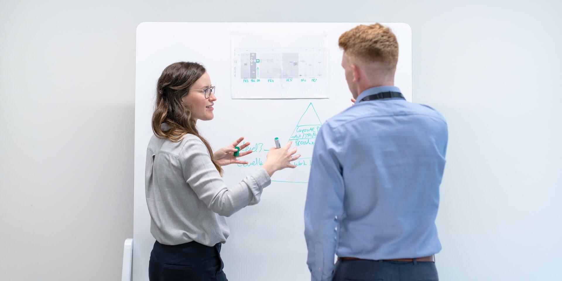 two people discussing tactics at a whiteboard